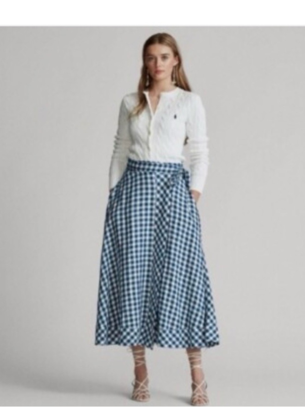 Polo Ralph Lauren Gingham Linen Wrap Skirt Blue & White Medium coastal preppy